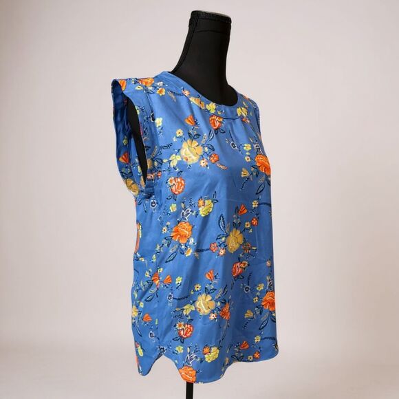 🌺 Alice Blue Oversized Sleeveless Blouse XS Blue Orange Print Work Casual Top - Picture 8 of 9